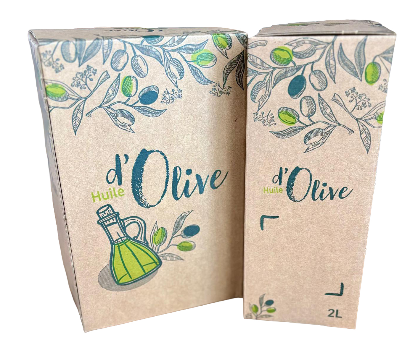 Bag in Box 2L huile d'olive, décor kraft avec illustration de branches d'olivier