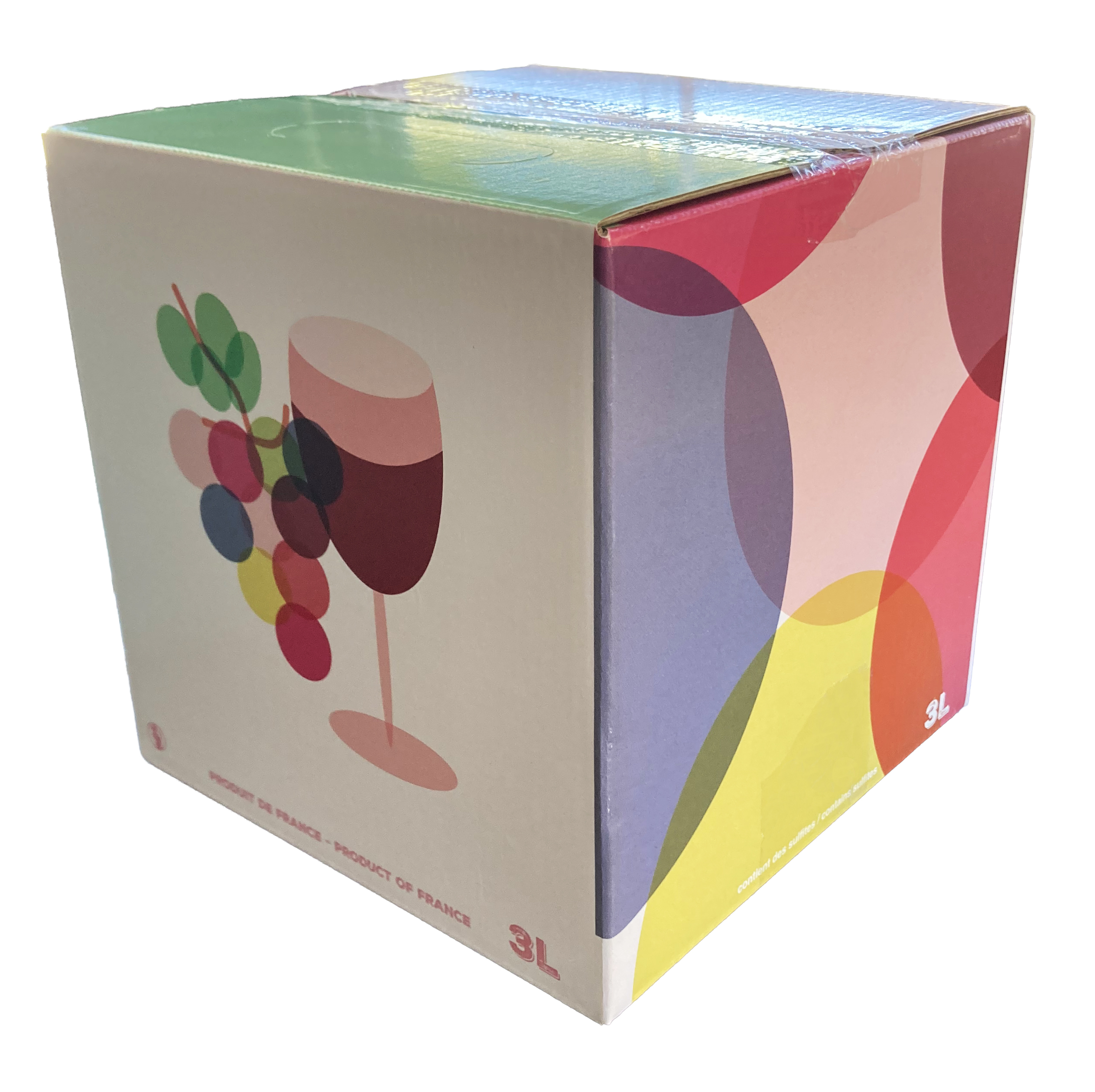 Bag in Box 3L personnalisé avec décor coloré illustrant un verre de vin et des grappes de raisin